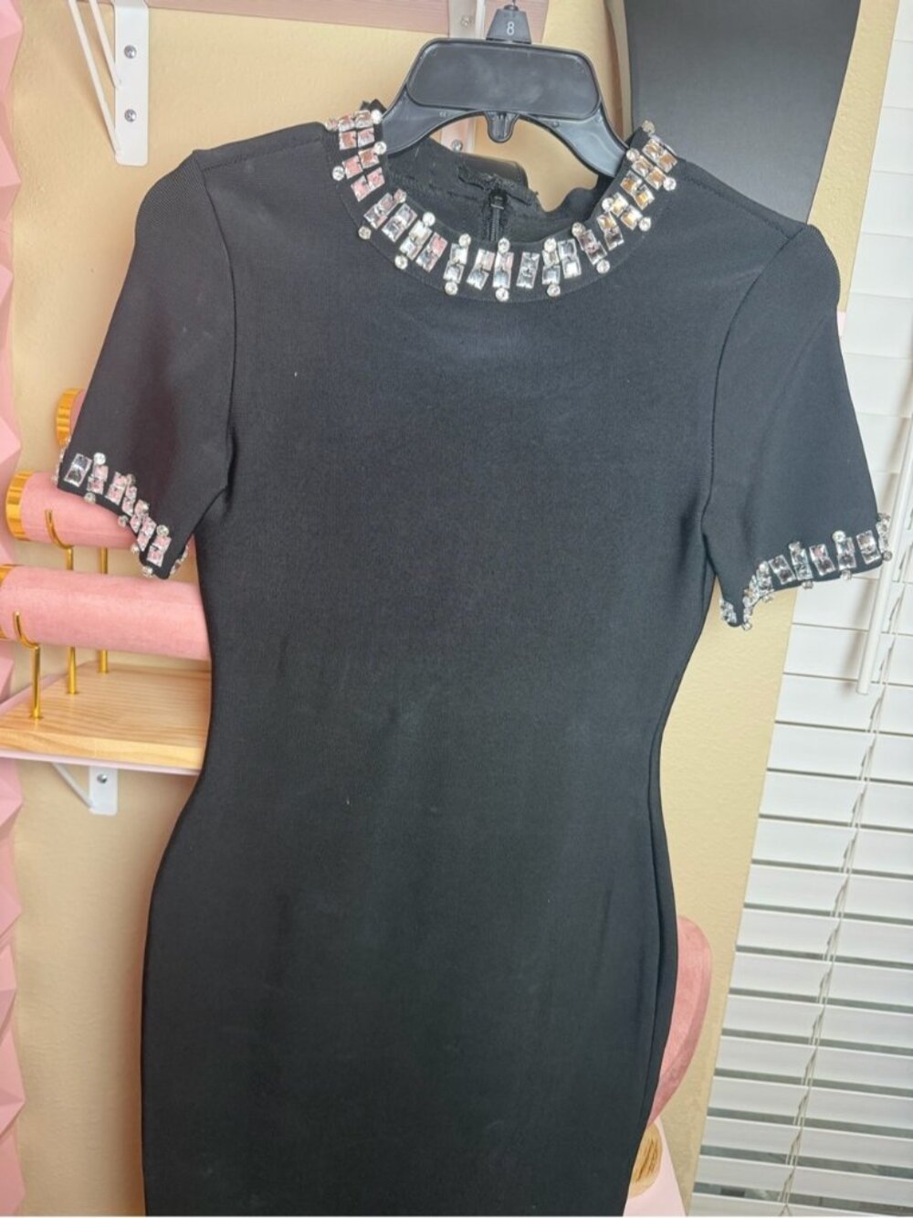 Black Embellished Short Sleeve Sheath Dress. Bandage dress